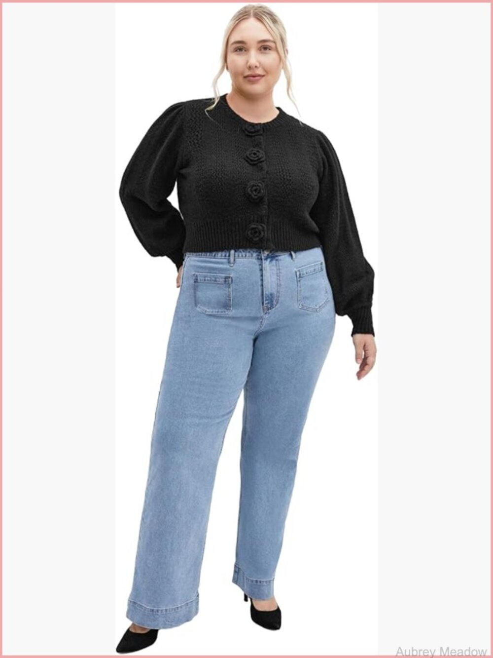 Plus Size Cropped Cardigan with Rose Buttons, Long Sleeve Knit